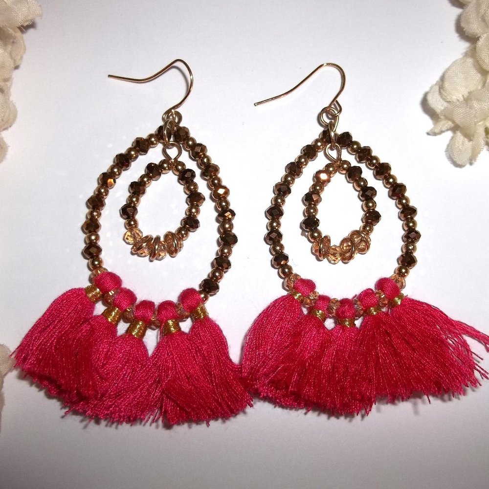 Pink and Gold Hoop Earrings Beaded Tassel Boho Style Costume Jewelry Set C365